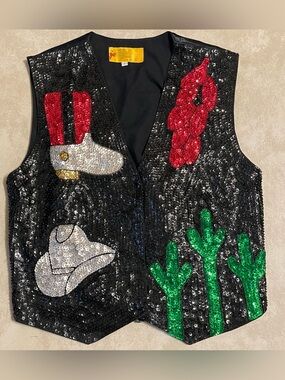 Vintage JC Vest with Black Sequins and Western Motifs